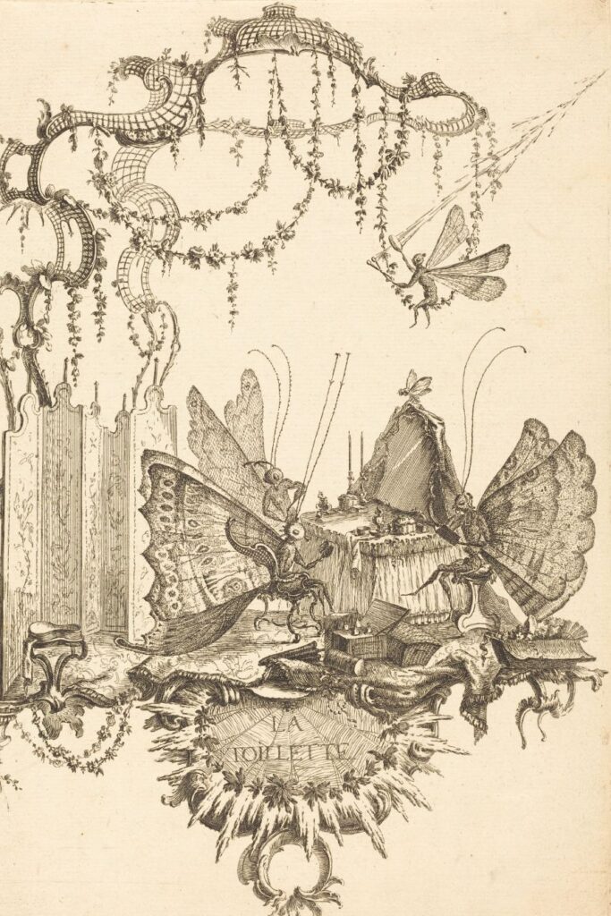 A fantastical etching of insects having tea and swinging through the air on vines Charles Germain de Saint-Aubin
La Toilette Part of the Rosenwald Collection held by the National Gallery of Art. Public Domain https://www.nga.gov/collection/art-object-page.45779.html