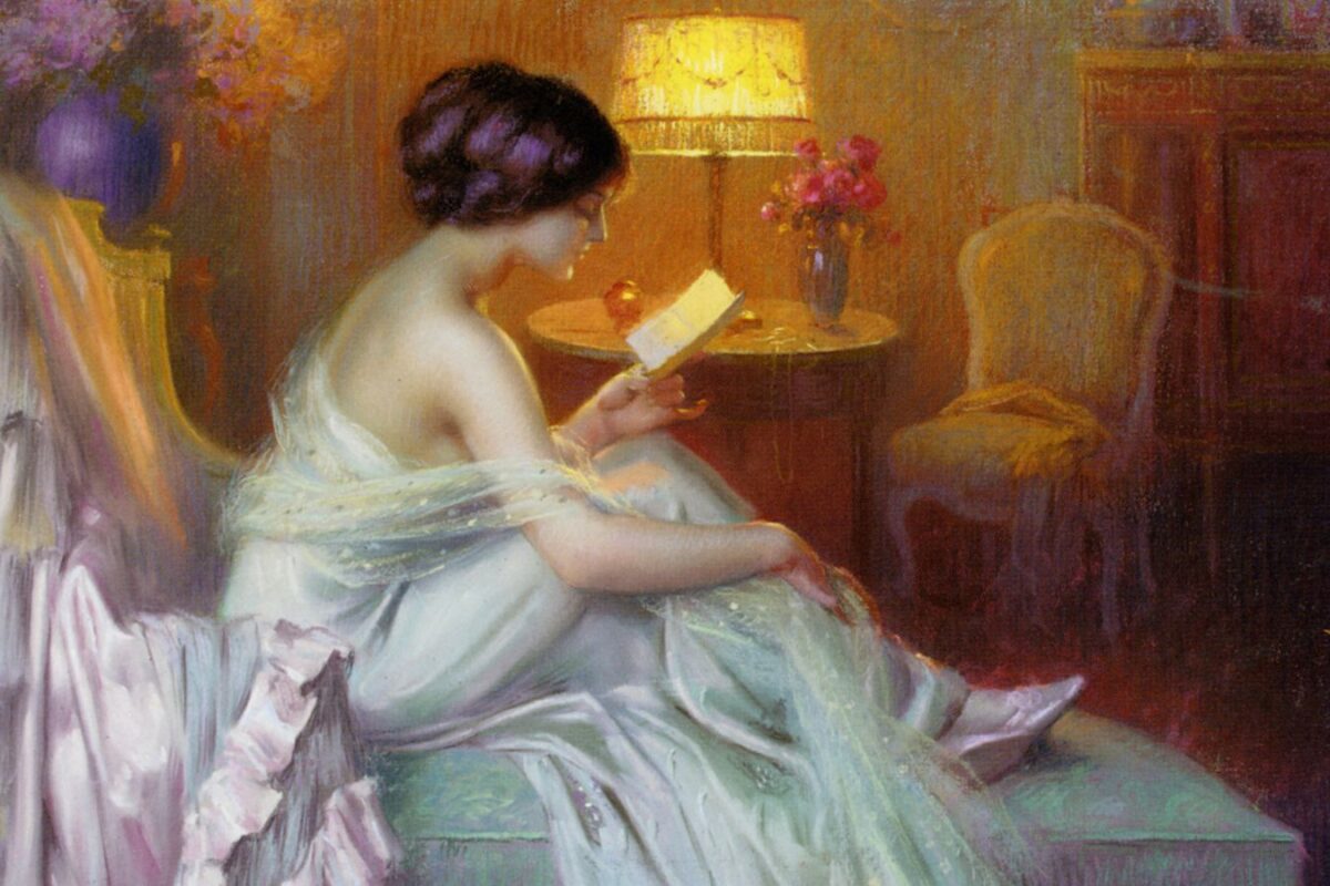 Going-Postal-Postcard- French painter Delphin-Enjolras' Reading-at-lamp-light with a young woman reading a letter. Public Domain