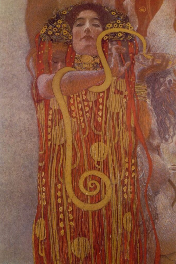 Going Postal postcard Hygeia - the Greek goddess of Health. Detail of the painting Medicine a part of the University of Vienna Ceiling Paintings, 1900 by Gustav Klimt.