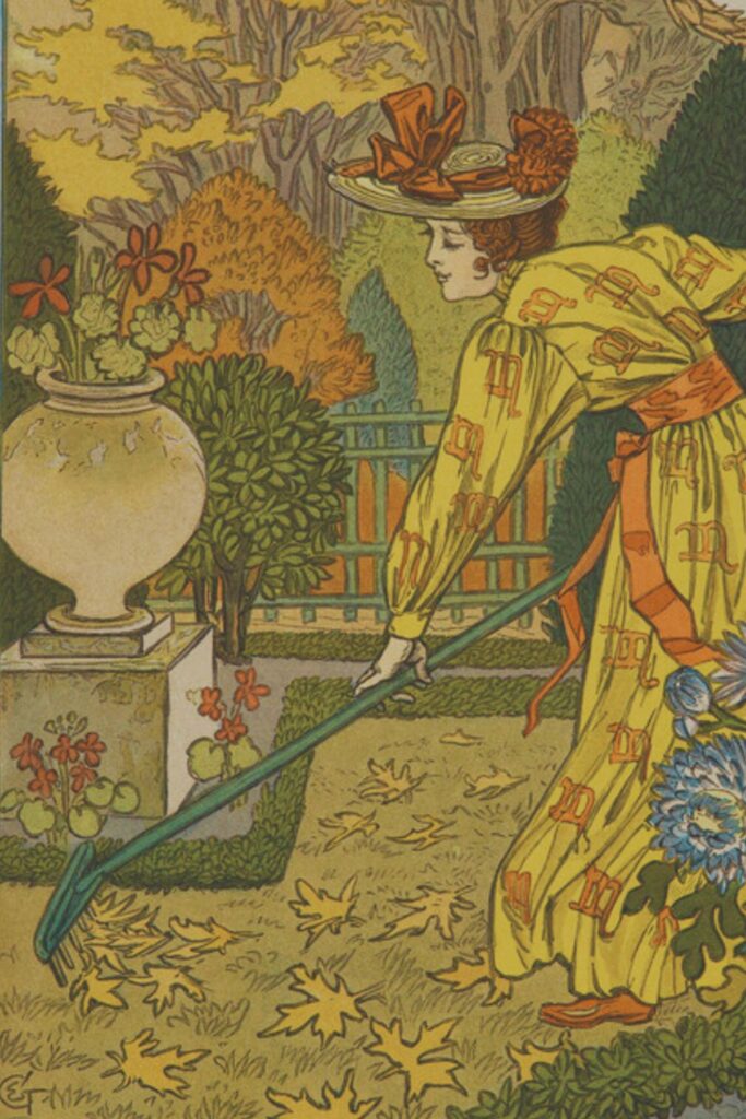 A woman in a hat and yellow dress rakes leaves in this  lithograph of the month of October By Eugène Grasset - 
Mois d'Octobre 1896. Public Domain https://gallica.bnf.fr/ark:/12148/btv1b7200469r/f12.item