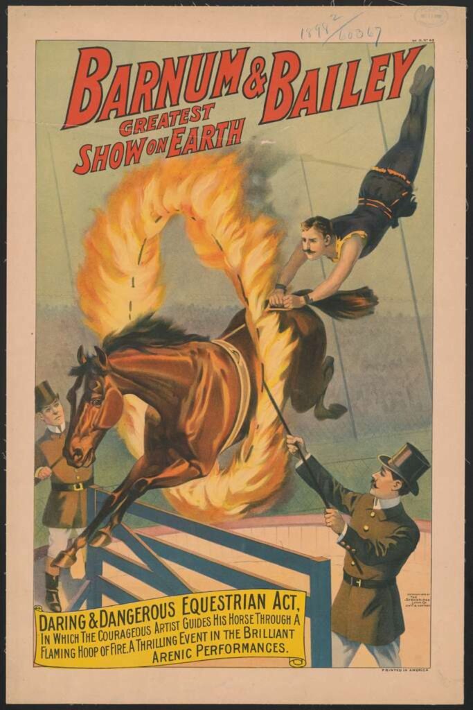 Barnum and Bailey - Greatest Showi on Earth poster. Daring and Dangerous Equestrian Act 1898. Library of Congress