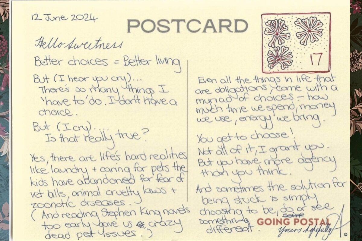 Going Postal Handwritten postcard 17 But (I hear you cry).... There's so many things I dont have a choice in But (I cry)... Is that really true? Yes there are life's hard realities like laundry and caring for pets the kids have abandoned for fear of vet bills, animal cruelty laws and zoonotic diseases. (And reading Stephen King novels too early gave us crazy dead pet issues). But even all the things in life that are obligations, come with a myriad of choices - how much time we spend, money we use, energy we bring. You get to choose. Not all of it, I grant you. But you have more agency than you think. And sometimes the answer to feeling stuck, is simply choosing to be, do, see something different. Yours hopefully, A