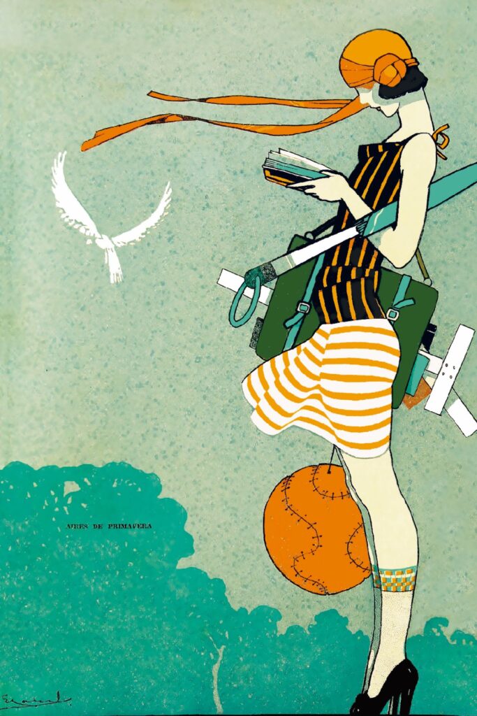 Ernesto Garcia Cabral's 'Aires de primavera', Revista de Revistas, Mexico, c. 1920s. An illustration of a young woman reading a book and carrying recreational equipment for spending a spring's day outside. The colours are orange and green and the image is lively with a bird in the sky.