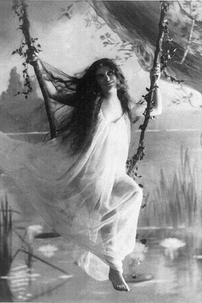 Ophelia - A black and white photo of a woman on a swing. Baker's Art Gallery, Columbus, Ohio 1895 -National Gallery of Art, Washington DC. Library of Congress