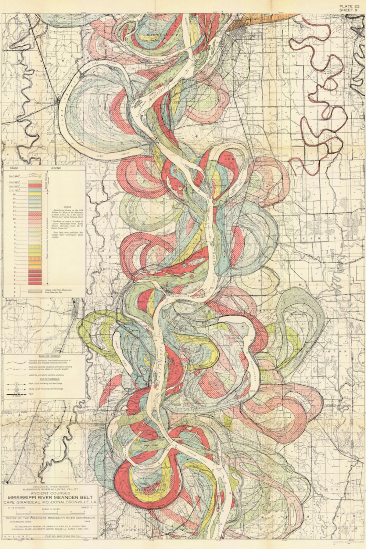 Ancient Courses: Mississippi River Meander Belt, Plate 22 sheet 9
Harold Fisk, 1944 US Army Corps of Engineers
Buy the print at The Public Domain Review