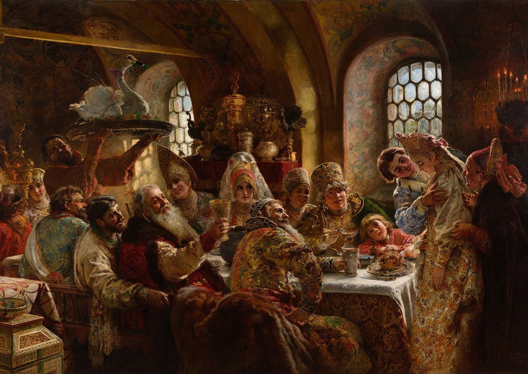 An 1883 oil painting of A Boyar Wedding Feast by Konstantin Makovsky