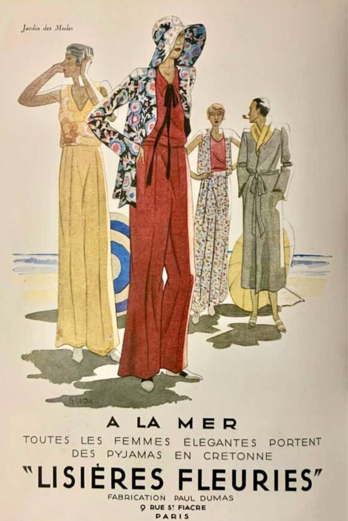 Advertisement for pyjamas in Lisières Fleuries fabric, from Jardin des Modes, 1930